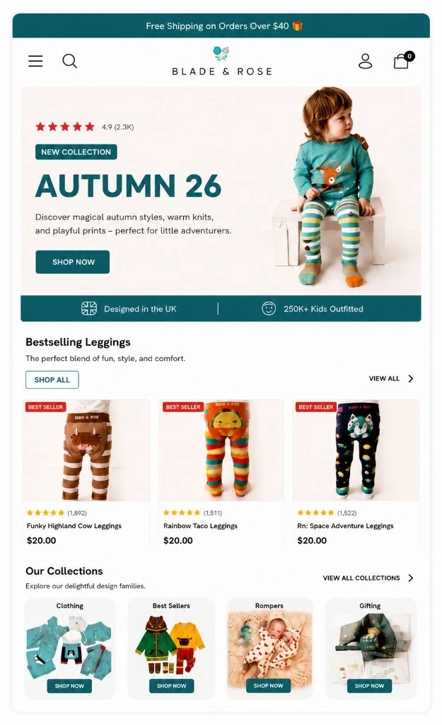 Children's Apparel Shopify Store Before Redesign