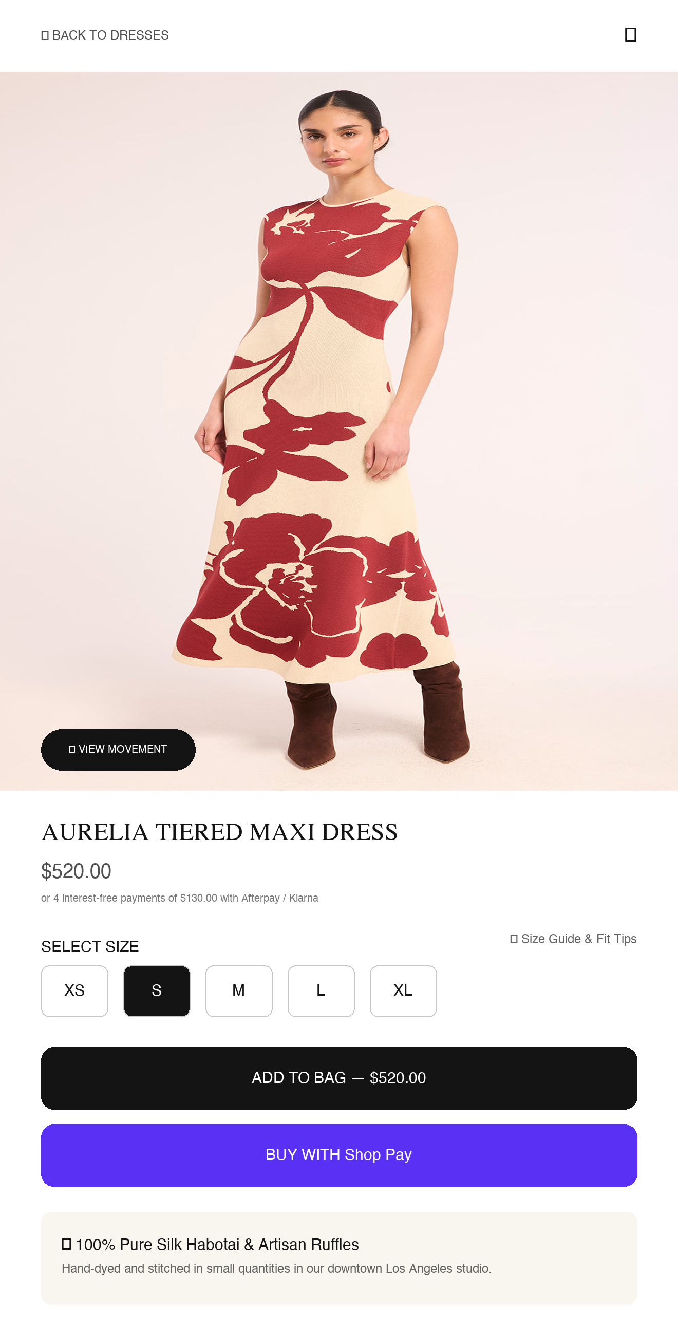 Luxury Dress PDP with high-res fabric zoom and background movement video
