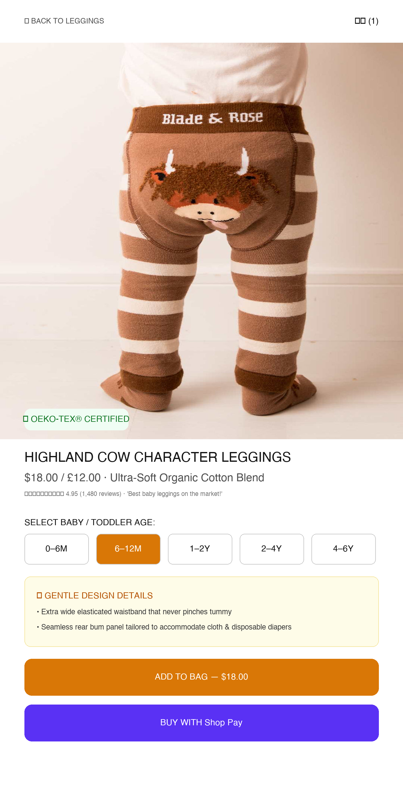 Baby Leggings PDP with visual age/size selector buttons and fabric safety badges