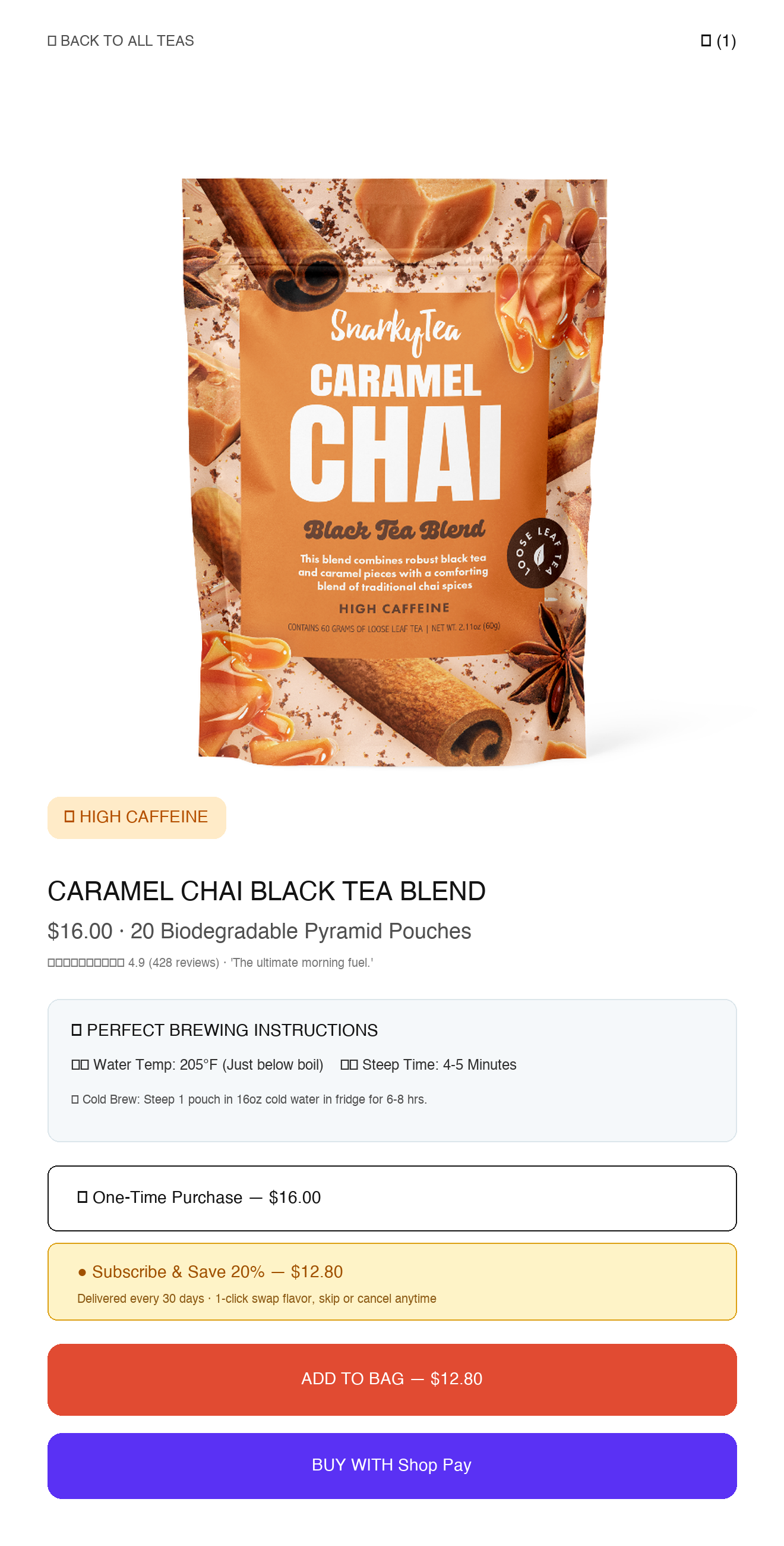 Tea Product Page with prominent caffeine level badges and brewing instructions