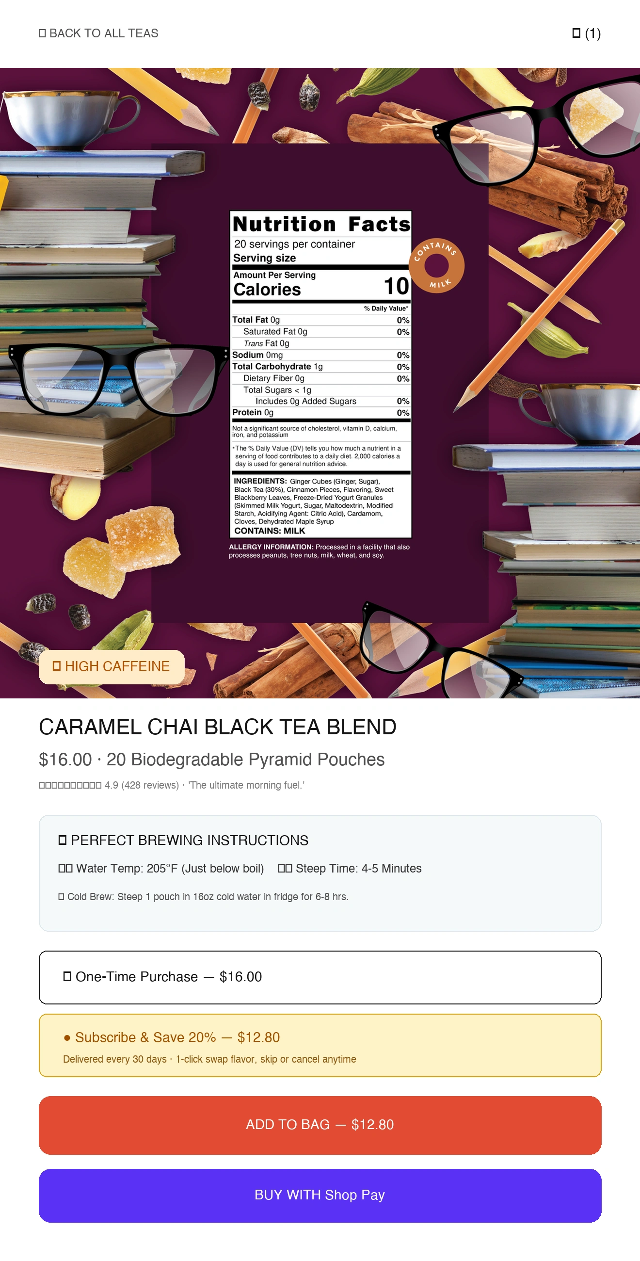 Tea Product Page with prominent caffeine level badges and brewing instructions