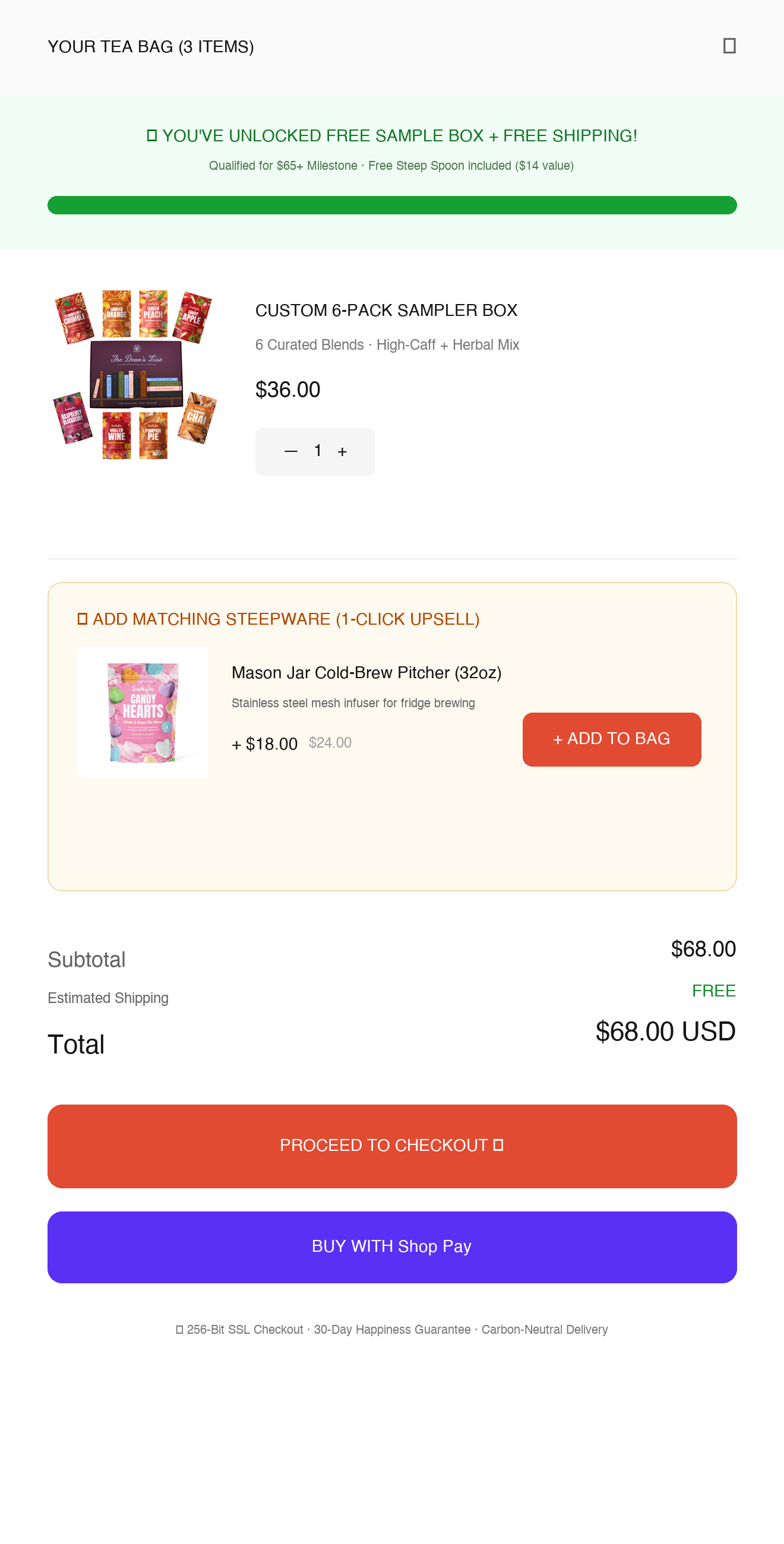 Slide-out cart drawer with free gift unlock milestones and 1-click steepware upsells