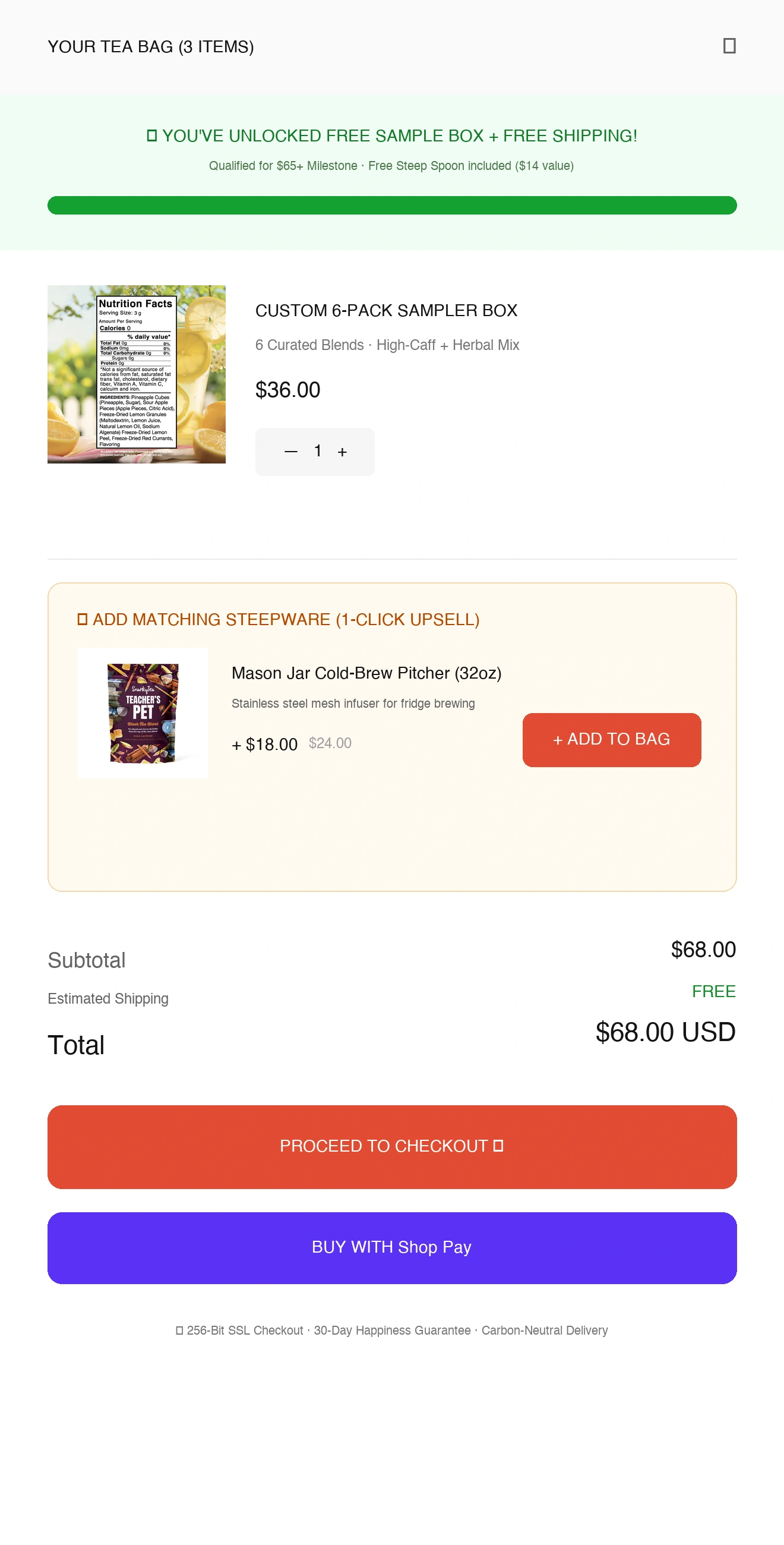 Slide-out cart drawer with free gift unlock milestones and 1-click steepware upsells
